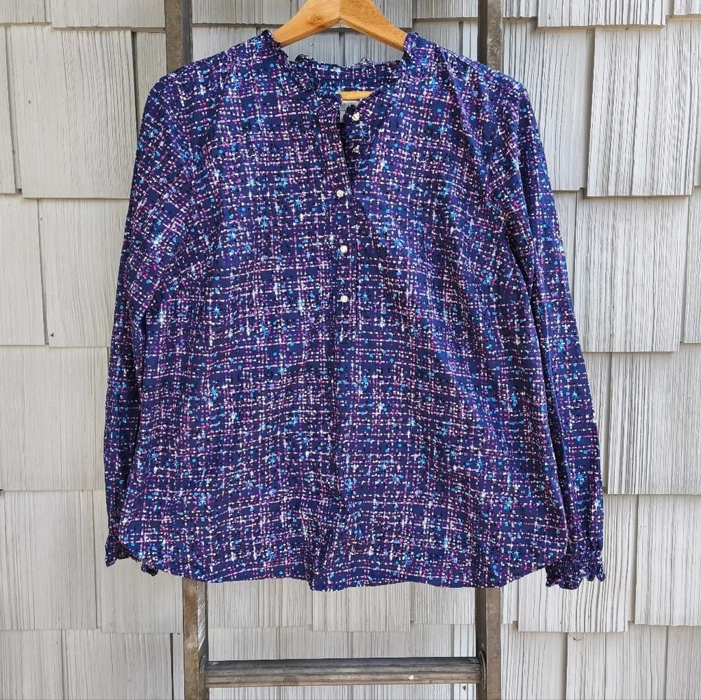Talbots Geometric Rhinestone Button Ruffle Popover sz XL Purple Chic Office - Picture 1 of 11